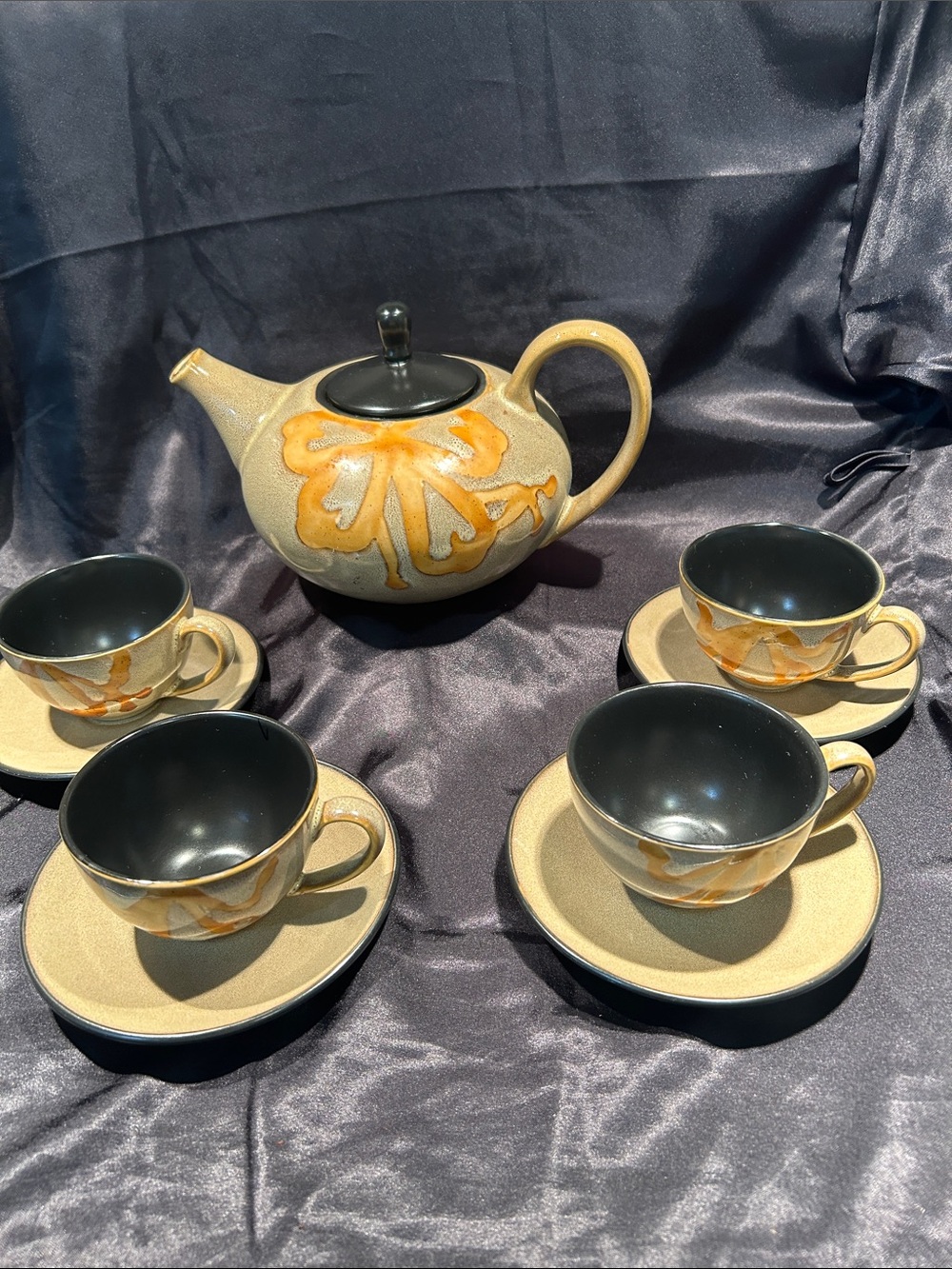 Pier 1 Beige and Black Stoneware Teapot with 4 Matching Cups and Saucers